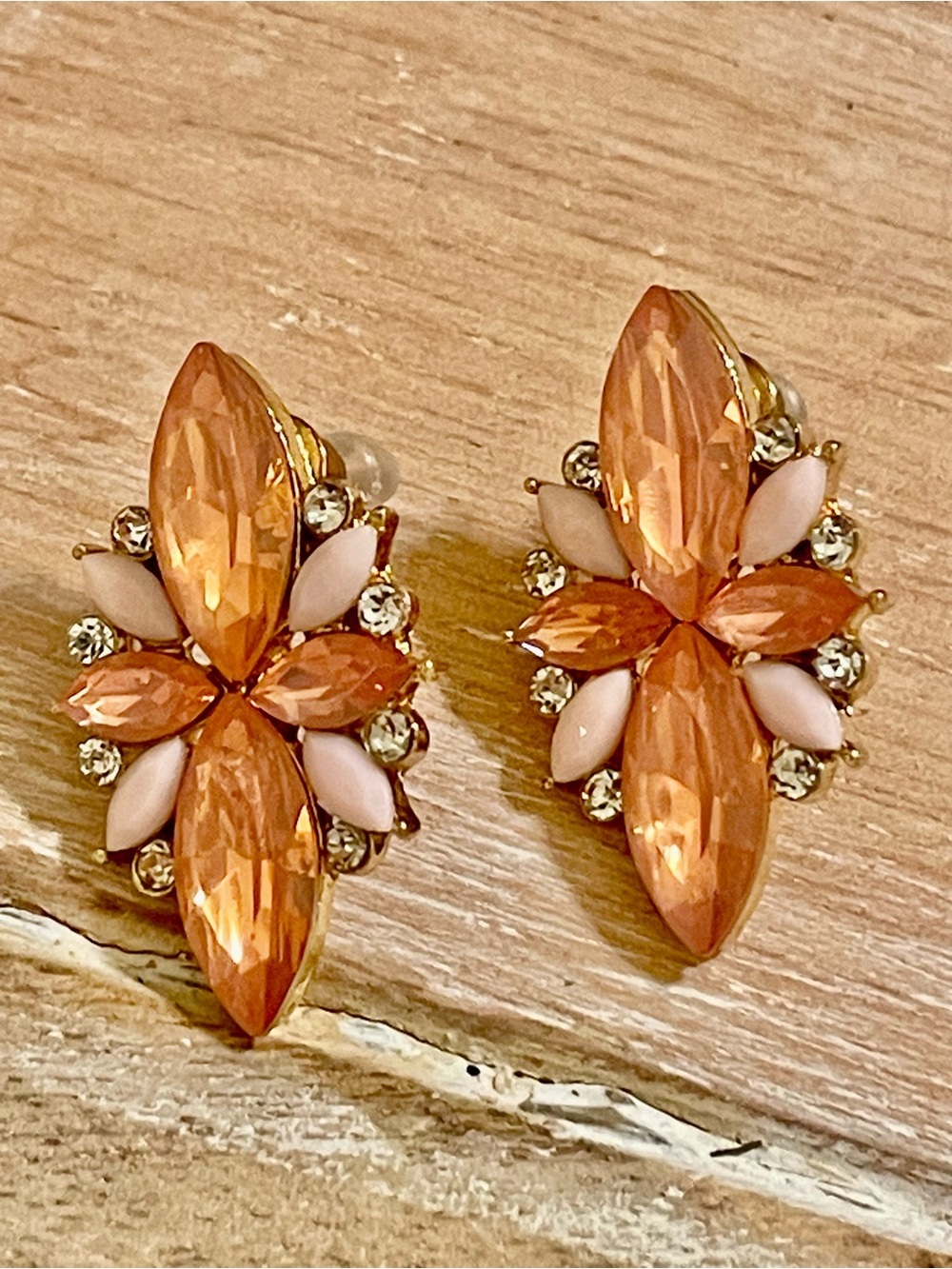 Peach and Pale Pink Crystal Floral Stud Earrings for Women